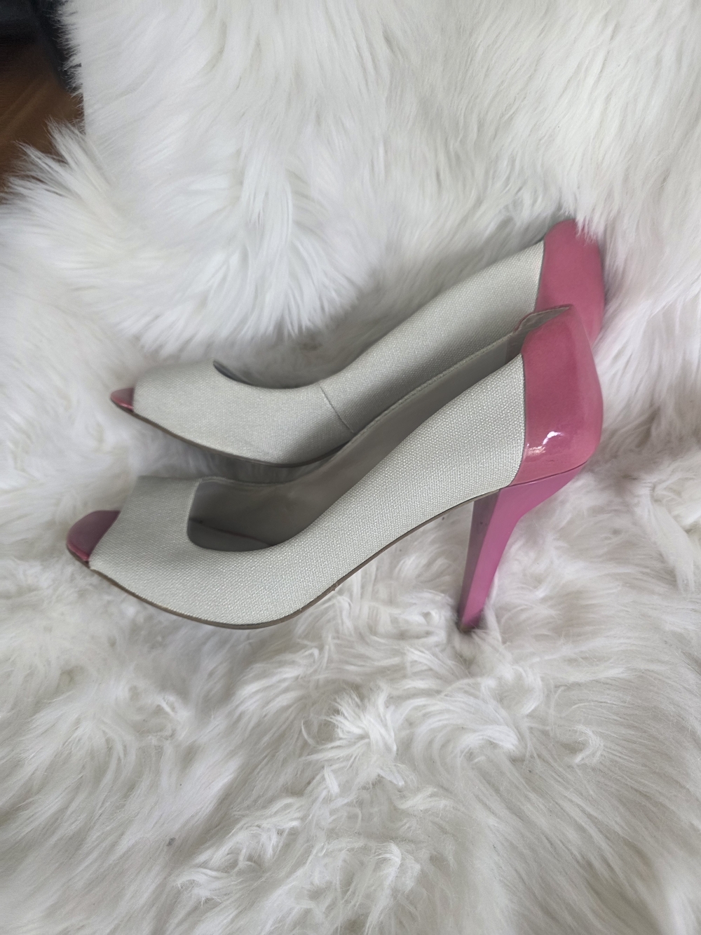 Nine West Peep Toe Heels Pink White Canvas Pumps